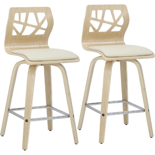 Folia Counter Stool in Natural Wood, Chrome & Cream Leatherette (Set of 2)